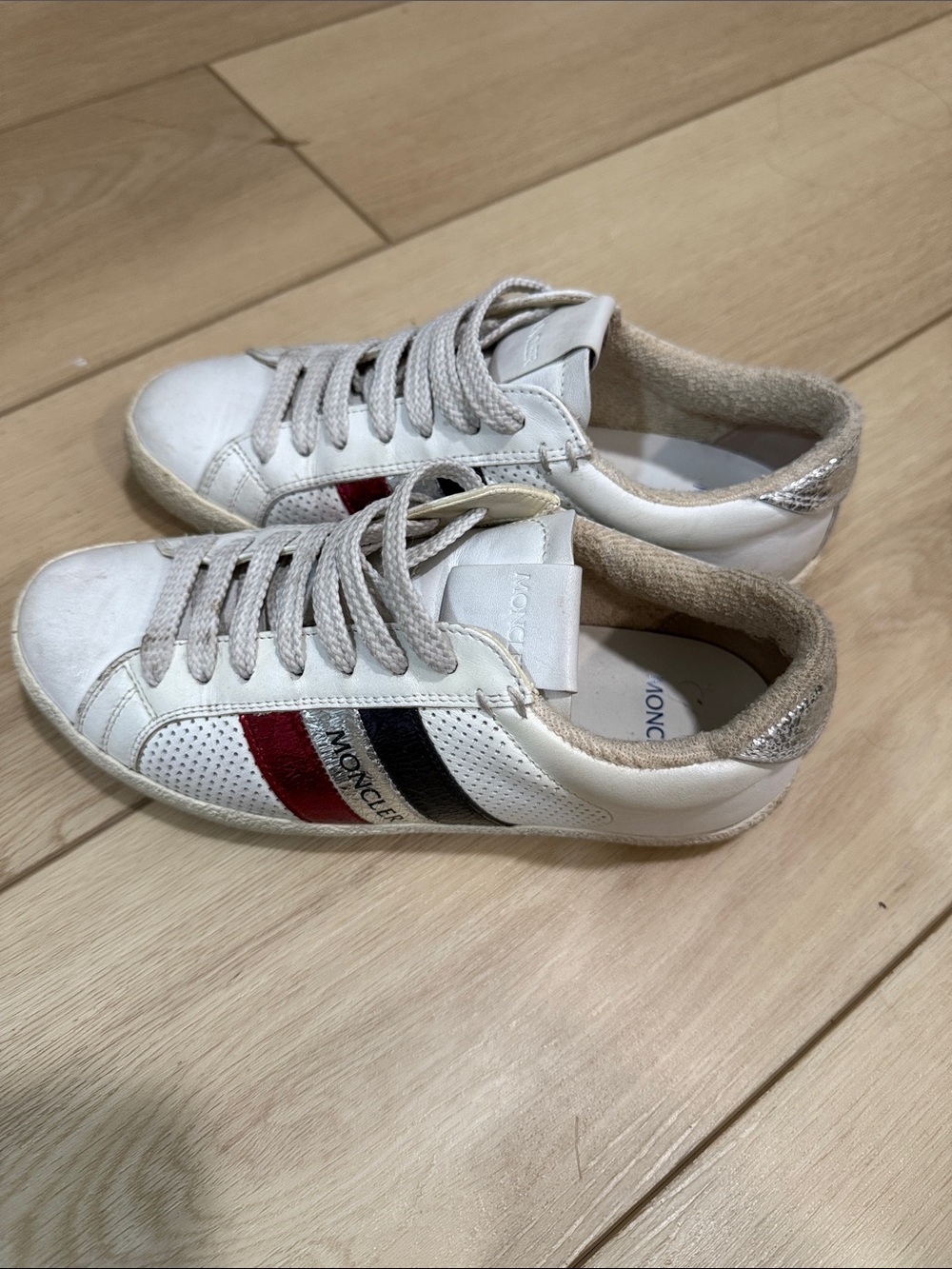Moncler White Leather Sneakers with Red & Navy Side Stripes